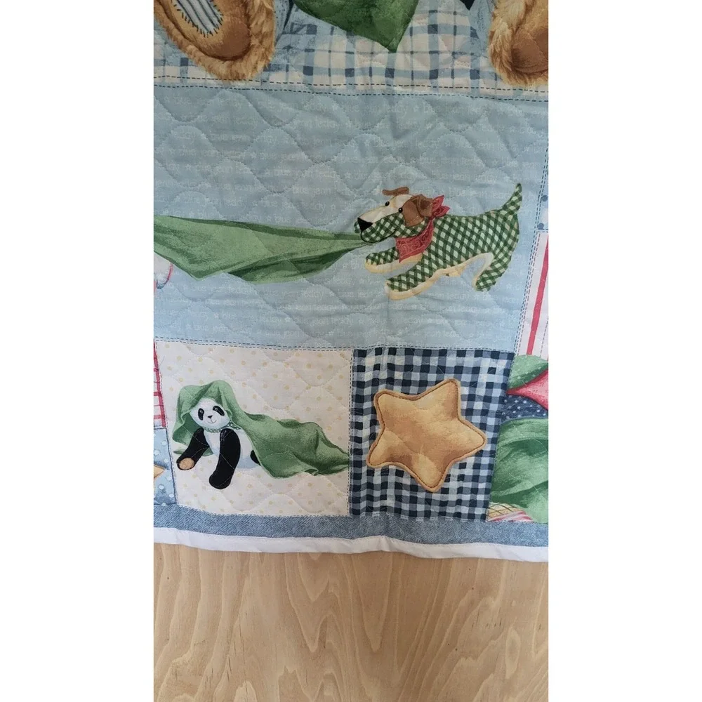 Vintage Teddy Bear Patchwork Quilted Baby Blanket Blue Gingham‎ Stars 34x44